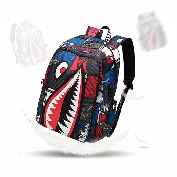 Shark Pattern Backpack, Trendy Nylon Student School Bag - Picture 9 of 9
